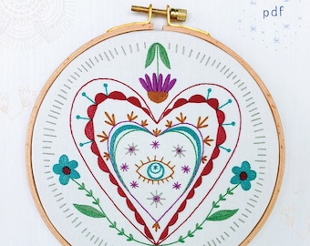 ENVISION - pdf embroidery pattern, embroidery hoop art, third eye, magical heart, radiating heart, heart and flowers, heart and eye, moon