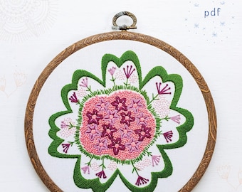 FLOWER PATCH - pdf embroidery pattern, embroidery hoop art, purple and green flower, french knots, close up flower design, spring flowers