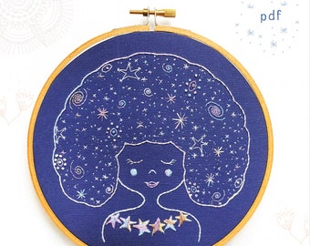 GALAXY GIRL - patrón de bordado pdf, costura DIY, constelaciones, cielo nocturno, chica con estrellas en el pelo, chica celestial, astrológica