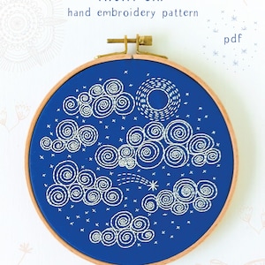 NIGHT SKY pdf embroidery pattern, embroidery hoop art, phases of the moon, la luna, clouds, sashiko style, blue moons, celestial, stars image 1