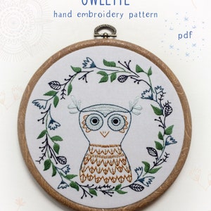 OWLETTE pdf embroidery pattern, embroidery hoop art, wise owl, owl with wreath frame, fall wreath design, stitched owl, bird embroidery image 1