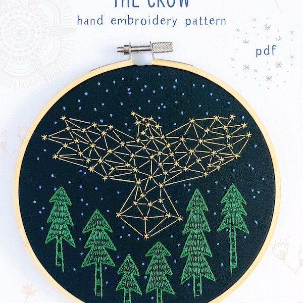 THE CROW - pdf embroidery pattern, embroidery hoop art, hand embroidery, stars, celestial inspired, bird constellation