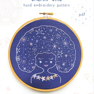 GALAXY GIRL pdf embroidery pattern, DIY stitching, constellations, night sky, girl with stars in her hair, celestial girl, astrological image 1