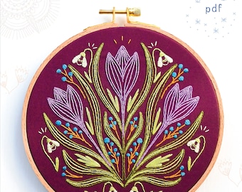EARLY BLOOMER - pdf embroidery pattern, embroidery hoop art, hand embroidery, crocus, snowdrops, early spring flowers, cozyblue, purple