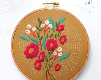 MORNING GLOW - pdf embroidery pattern, embroidery hoop art, flower power, floral design, bouquet of wildflower, zinnia, brown floral pattern