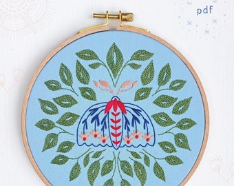 MYSTIFY - pdf embroidery pattern, embroidery hoop art, DIY stitching, moth and leaves, floral moth, flower wings, pink blue red green