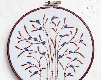 FALL : BLUEBIRDS - pdf embroidery pattern, embroidery hoop art, bluebirds on a tree, flock of birds, bluebird of happiness, hand embroidery