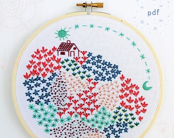 CLOSE TO HOME - pdf embroidery pattern, embroidery hoop art, digital download, house and floral field, house on the hill, stitched house