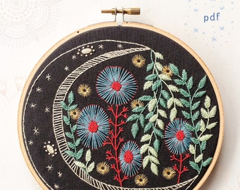 NIGHT GARDEN - pdf embroidery pattern, embroidery hoop art, midnight garden, moon and plants, moon flowers, celestial design, magical moon