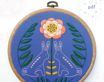 SUNNY BUNNIES - pdf embroidery pattern, embroidery hoop art, bunnies and flower, folk art, bunny design, blue bunnies hoop