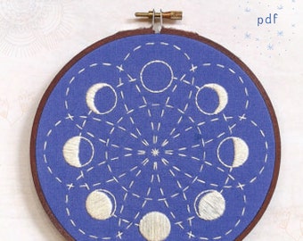 LUNAR BLOSSOM - pdf embroidery pattern, embroidery hoop art, phases of the moon, la luna, lunar cycle, sashiko style, blue moons, celestial