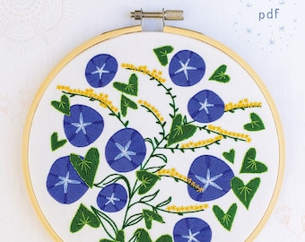 MORNING GLORY - pdf embroidery pattern, embroidery hoop art, digital download, goldenrod, morning glory, flowers and leaves, floral hoop