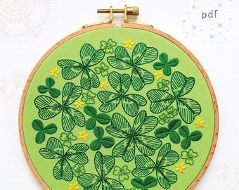 LUCKY DAY - pdf embroidery pattern, embroidery hoop, digital download, clover leaves, spring inspired, embroidered leaves, four leaf clover