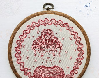 CAPTAIN'S WIFE pdf embroidery pattern, sea captain wife, topknot lady pattern, rik rac border, stitching, embroidery hoop, cozyblue on etsy
