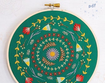 GREENERY - pdf embroidery pattern, embroidery hoop art, hand embroidery, vines and lines, folk art style, floral design, circle, cozy blue