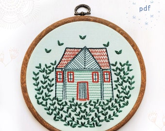 HOME GROWN - pdf embroidery pattern, embroidery hoop art, cabin in the woods, cozy cottage, forest home, house and vines, tiny house design