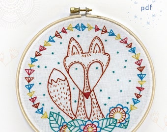 CRAFTY FOX - pdf embroidery pattern, fox embroidery design, embroidery patterns, instant download, geometric, fox embroidery, cozyblue etsy