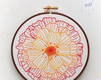 MERRY GOLD - pdf embroidery pattern, embroidery hoop art, marigold flower, garden bloom, red ombre , calendula blossom, flower embroidery