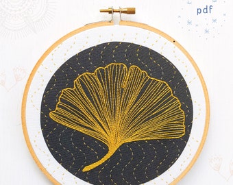 GINKGO - pdf embroidery pattern, embroidery hoop art, ginkgo biloba leaf, golden leaf on black design, sashiko waves, fall decor, wall art