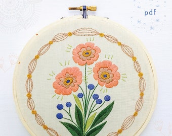 TRUE BLOOM - pdf embroidery pattern, embroidery hoop art, digital download, flower bouquet, floral wreath, coral flowers, stitched bouquet
