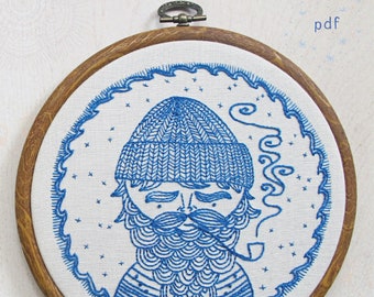 SEA CAPTAIN pdf embroidery pattern, sailor design, embroidery design, nautical theme, salty sailor man, beard man with pipe, by cozyblue