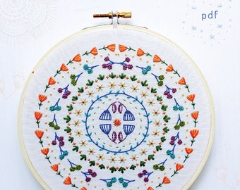 STITCHES in the ROUND - pdf embroidery pattern, embroidery hoop art, hand embroidery, vines and lines, folk art style, floral design, circle