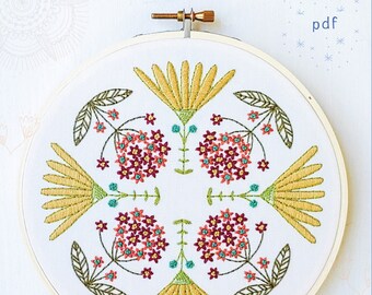 RADIATE - pdf embroidery pattern, embroidery hoop art, mandala for hand embroidery, yellow daisy, hydrangea, hand stitching, cozy blue