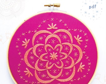 STARBURST- pdf embroidery pattern, embroidery hoop art, moon and stars, celestial stitch, mandala embroidery, cozyblue, pink flower