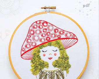 MUSHROOM GIRL - motif de broderie pdf, art de cerceau de broderie, fille aux cheveux de mousse, chapeau de champignon, fille de la forêt, champignon cousu et tête de mousse