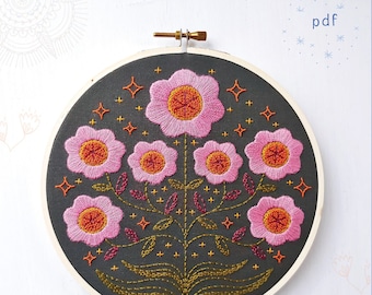 ENCHANTED - pdf embroidery pattern, embroidery hoop art, hand embroidery, purple flowers on black, cozyblue, folksy flowers, magic