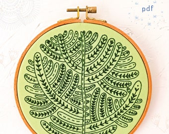 BRANCHING OUT - pdf embroidery pattern, embroidery hoop art, monochrome, plant lady, cactus, fern, plant mom, houseplant design, green