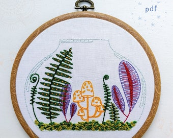 TERRARIUM - pdf embroidery pattern, embroidery hoop art, ferns and moss, terrarium garden, fairy garden, mushrooms and ferns, hand embroider