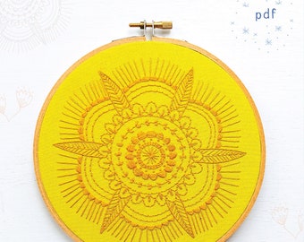 GOLDEN MANDALA - pdf embroidery pattern, embroidery hoop art, monochrome, yellow mandala, mandala for hand embroidery, yellow flower