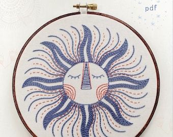 SUN KING - pdf embroidery pattern, embroidery hoop art, sun face, sleepy sun, celestial design, sun and moon, sunshine, hand embroidery