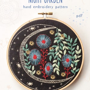 NIGHT GARDEN - pdf embroidery pattern, embroidery hoop art, midnight garden, moon and plants, moon flowers, celestial design, magical moon