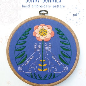 SUNNY BUNNIES pdf embroidery pattern, embroidery hoop art, bunnies and flower, folk art, bunny design, blue bunnies hoop image 1