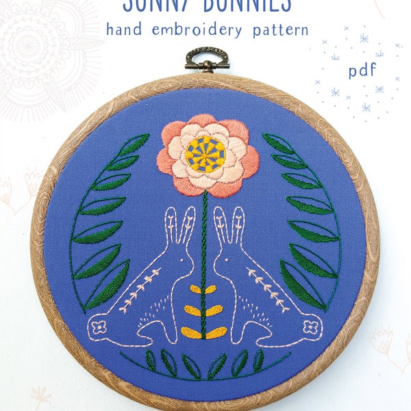 SUNNY BUNNIES - pdf embroidery pattern, embroidery hoop art, bunnies and flower, folk art, bunny design, blue bunnies hoop