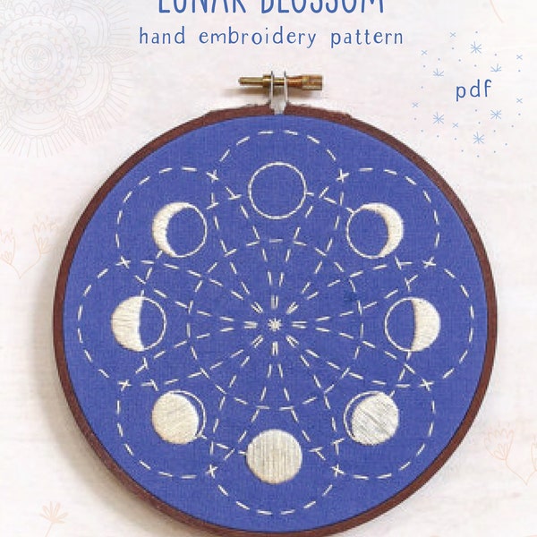 LUNAR BLOSSOM - pdf borduurpatroon, borduurhoepel kunst, fasen van de maan, la luna, maancyclus, sashiko stijl, blauwe manen, hemels