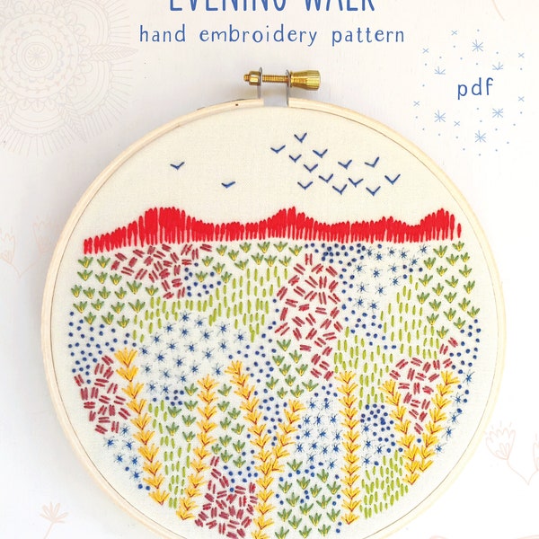 EVENING WALK - pdf embroidery pattern, embroidery hoop art, fall colors, autumn inspired, wildflowers and grass, mountain scene, embroidered