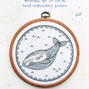 WHALE of TIME - pdf embroidery pattern, embroidery hoop art, DIY stitching, nautical theme, ocean inspired, blue whale, sea captain