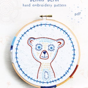 BLINKY BEAR pdf embroidery pattern, sweet bear face, blue and brown bear, embroidery hoop art, by cozyblue on etsy