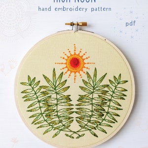 HIGH NOON - pdf embroidery pattern, embroidery hoop art, hand embroidery, sun and leaves, summer sun, desert vibes, vines and sun, cozyblue