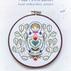 MISS MATRYOSHKA - pdf embroidery pattern, embroidery hoop art, nesting doll, nesting doll and leaves, stitching design