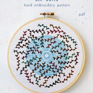May include: A hand embroidery pattern in a wooden hoop, titled "Sky Song". The design shows a central blue circle with radiating lines, encircled by embroidered vines with green, red, and brown leaves. The text "COZYBLUE handmade" is at the bottom.