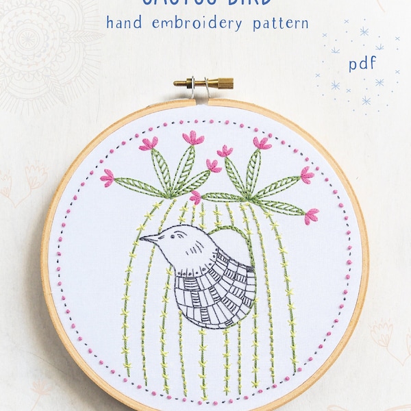 CACTUS BIRD - pdf embroidery pattern, embroidery hoop art, bird and cactus, desert vibes, blooming cacti, southwest style, succulent design