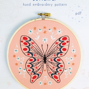 BUTTERFLY - pdf embroidery pattern, embroidery hoop art, DIY stitching, pink and white, butterfly, spring, summer, embroidered butterfly