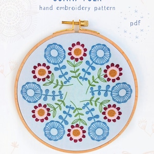 SUNNY FOLK pdf embroidery pattern, embroidery hoop, digital download, meditative stitching, folk flowers, radial repeat, mod flowers image 1