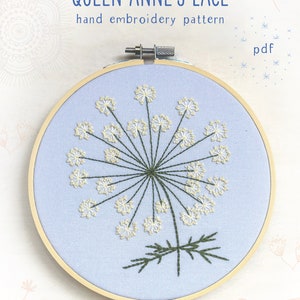 QUEEN ANNES LACE - pdf embroidery pattern, embroidery hoop art, wild carrot blossom, lacy white flower cluster, dandelion, summer wildflower