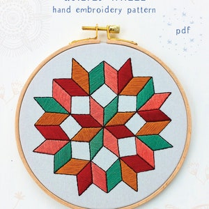 QUILTED WHEEL pdf embroidery pattern, embroidery hoop art, stitching, quilt design, carpenters wheel, embroidered quilt, geometric image 1