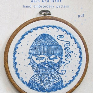 SEA CAPTAIN pdf embroidery pattern, sailor design, embroidery design, nautical theme, salty sailor man, beard man with pipe, by cozyblue image 1